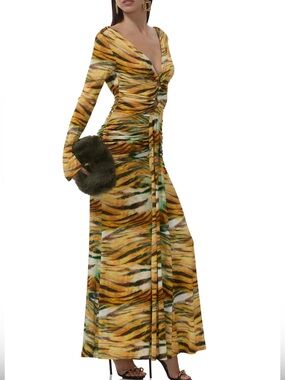 AFRM Iko Ruched Maxi Dress, Citron Tiger